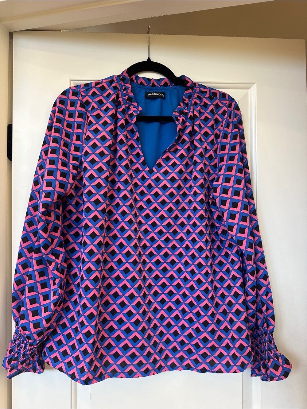 Vibrant, fun Pink and Blue Geometric Ruffle-Neck Blouse. Size medium.